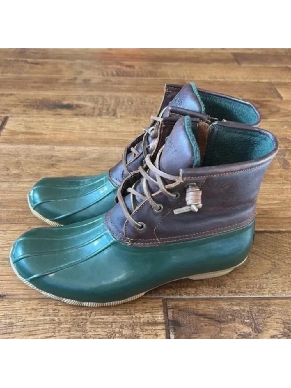 Sperry Top Sider Saltwater Duck Boots Waterproof Leather Rubber Brown Green 7.5